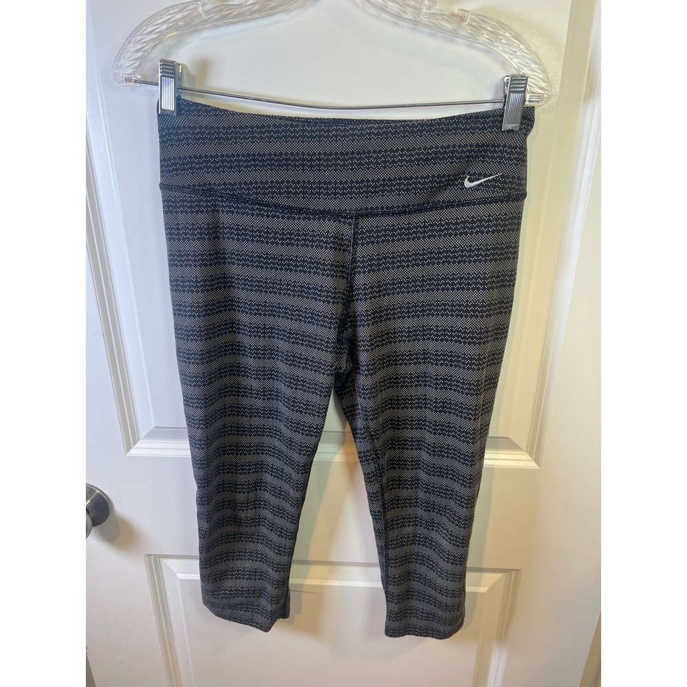Nike Womens Cropped‎ Leggings Dri-FIT Geometric Stripe Black Grey Size M